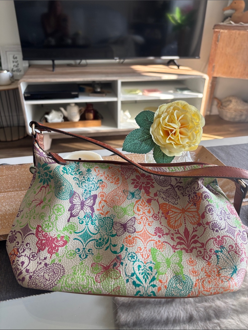 Vintage Fossil leather Butterfly Print Shoulder Bag - Stylish Everyday Tote